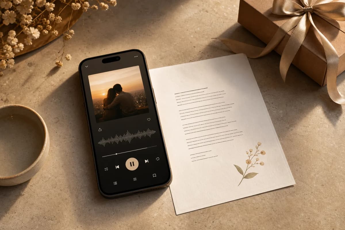 A premium personalised song reveal page on a phone with printed lyrics
